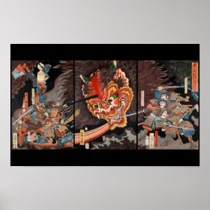 Poster Triptyque japonais vintage : Samouraï vs Roi Oni