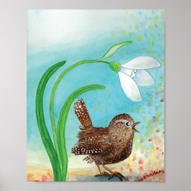 Poster Troglodyte Oiseau chante à l'aube Au printemps  Cr (Devant)