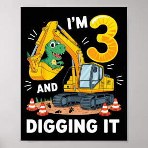 Poster Trois 3 ans 3e anniversaire Construction Dinosaure