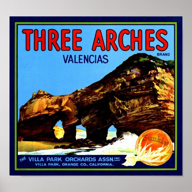 Poster Trois Arches Valencia Oranges Fruit Étiquette (Devant)