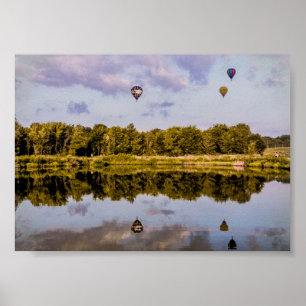 Poster Trois ballons à air chaud dérivant sur un paysage