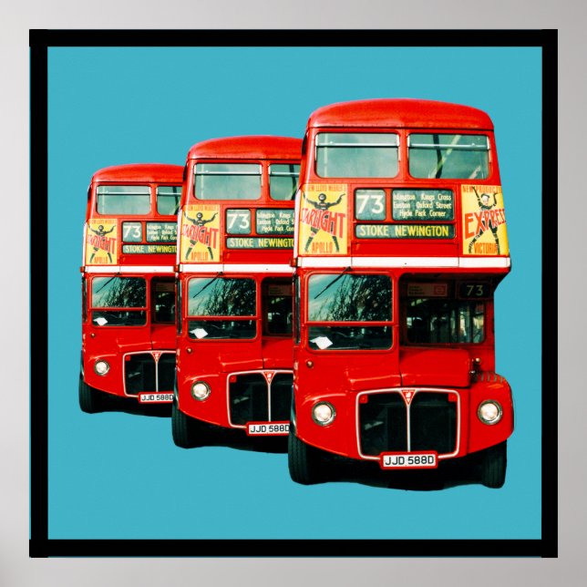 Poster Trois bus londoniens sur Arrière - plan Turquoise (Devant)