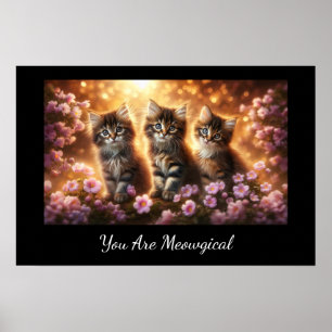 Poster Trois chatons mignons aux fleurs roses