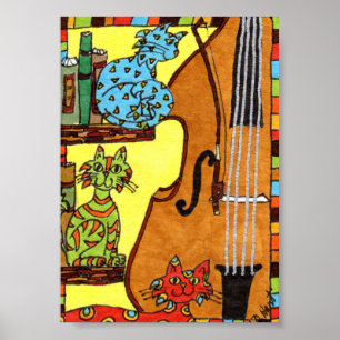 Poster Trois chats avec la basse Fiddle Mini Folk Art