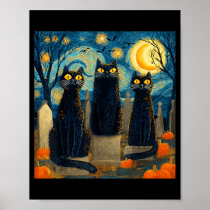 Poster Trois chats noirs nuit étoilée Van Gogh citrouille