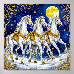 Poster Trois Chevaux Blancs Sous un Ciel Nocturne Étoilé