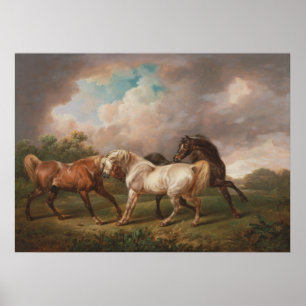 Poster Trois chevaux dans un paysage orageux