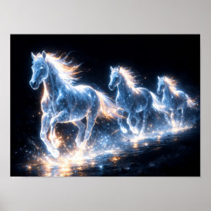 Poster Trois chevaux lumineux courant dans le noir