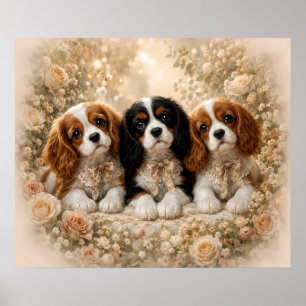 Poster Trois chiots Cavalier King Charles Spaniel ensembl