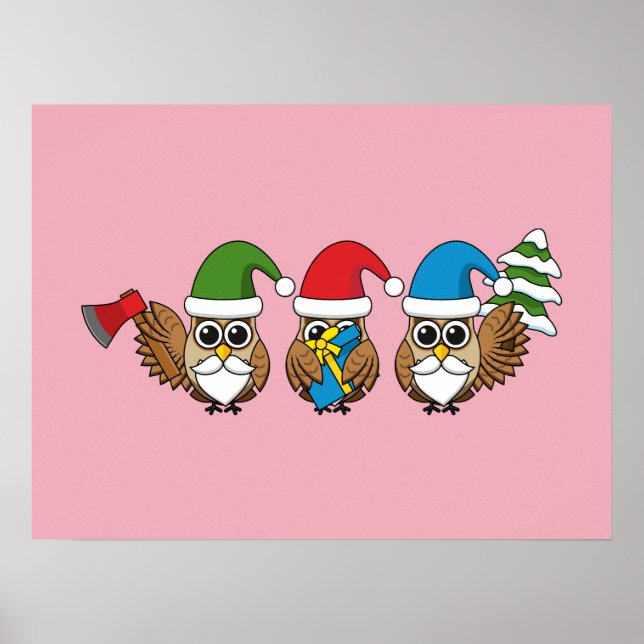 Poster Trois chouettes naines de Noël amusantes (Devant)