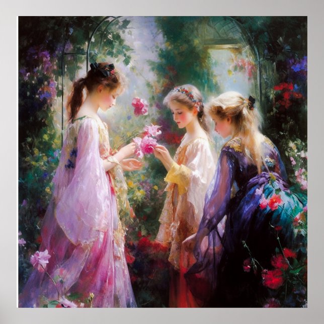 Poster Trois filles jouant dans un jardin (Devant)