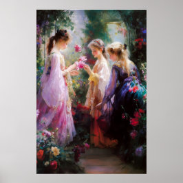 Poster Trois filles jouant dans un jardin 