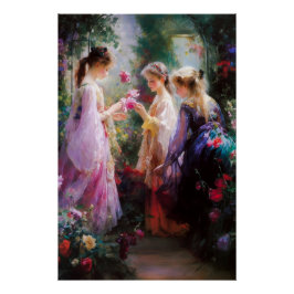 Poster Trois filles jouant dans un jardin 