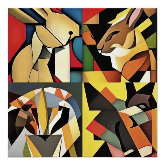 Poster Trois Lapins Et Un Lion Géométrique Art Abstrait (Devant)