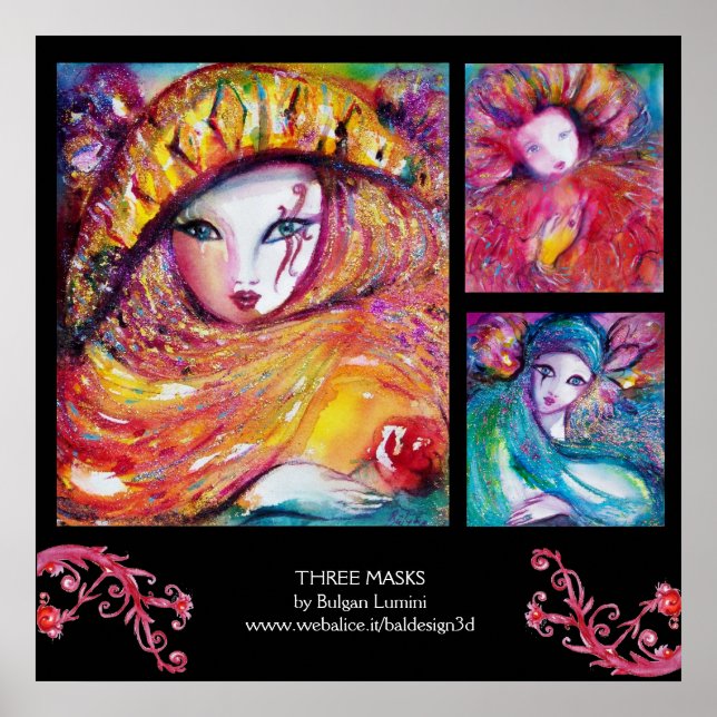 POSTER TROIS MASQUES DE CARNAVAL EN BLEU, ROUGE, JAUNE (Devant)