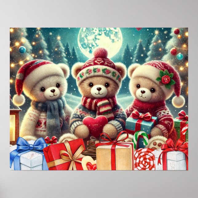 Poster Trois mignons Nounours Joyeux Noël (Devant)