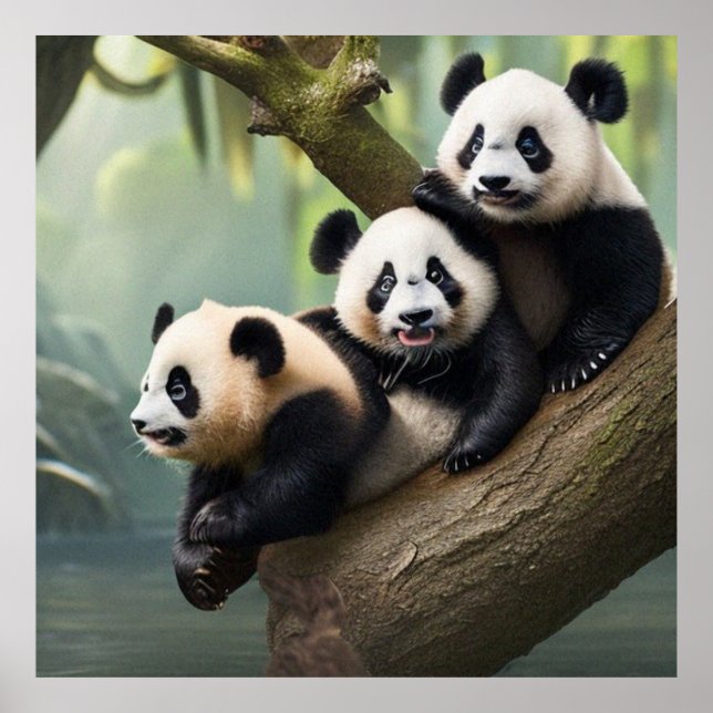 Poster Trois mignons petits pandas posant pour la caméra (Devant)