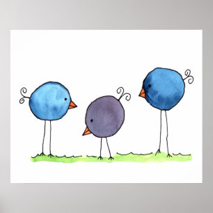 Poster Trois oiseaux aquarelles fantaisistes