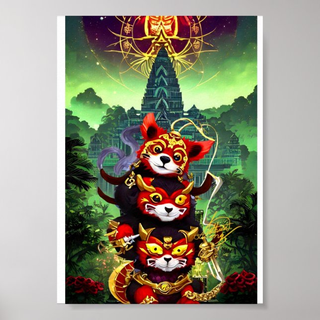 Poster Trois Panda Rouge Cute (Devant)