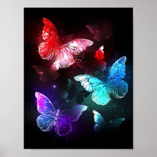 Poster Trois papillons lumineux sur fond de nuit