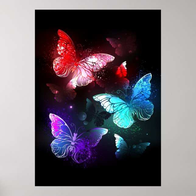 Poster Trois papillons lumineux sur fond de nuit (Devant)