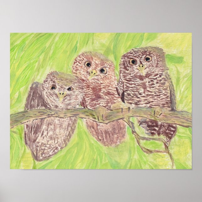 Poster Trois Petites Chouettes - peinture acrylique. (Devant)
