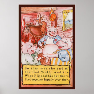 Poster Trois Petits Cochons Cuisinant Loup, Conte de Fées