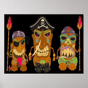 Poster Trois pirates Tiki, drôle noir