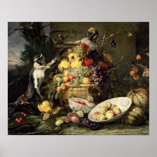 Poster Trois singes Volant des fruits (huile sur toile) (Devant)