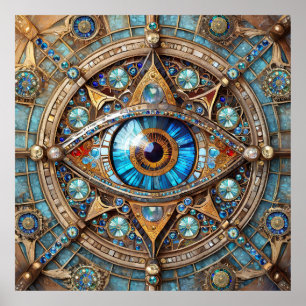 Poster Troisième oeil - Turquoise Blue Gold Mandala