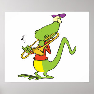 Poster trombone jazzy jouant dessin animé de lézard