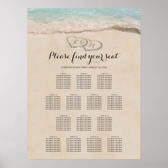 Poster Tropical Beach Heart Mariage 14 Seating Chart (Devant)