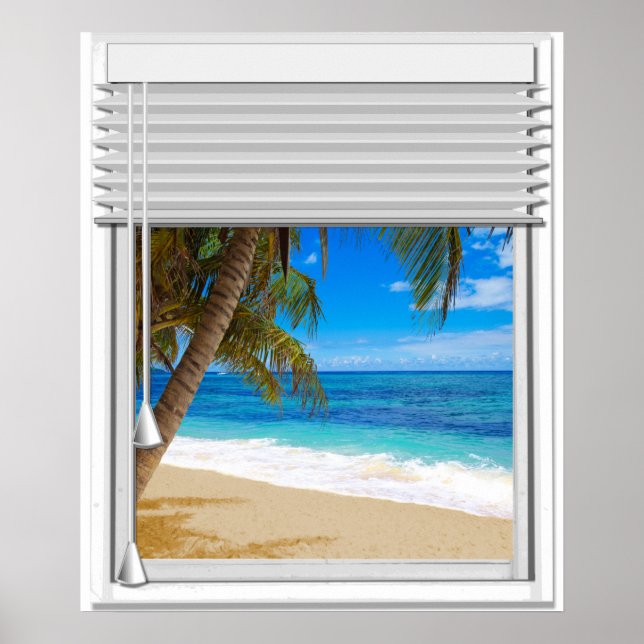 Poster Tropical Beach Ocean View Fake Window With Blinds (Devant)