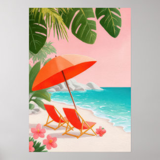 Poster Tropical beach scene with lounge chairs 