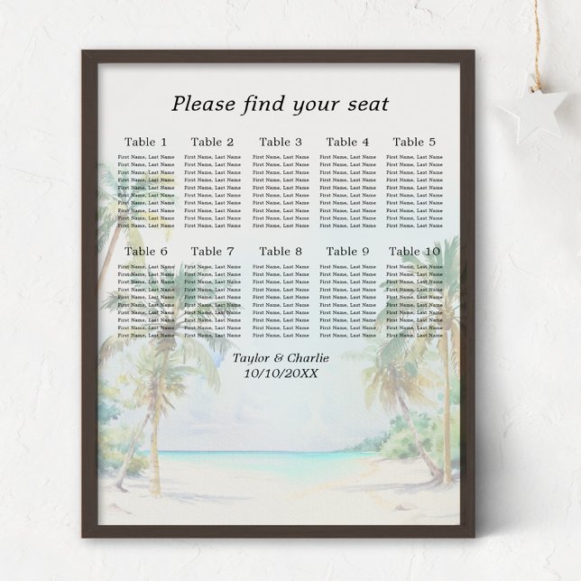 Poster Tropical Beach Wedding 10 Tables Seating Chart (Créateur téléchargé)