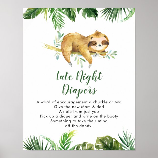 Poster Tropical Boy Sloth Baby shower de la couche de nui (Devant)