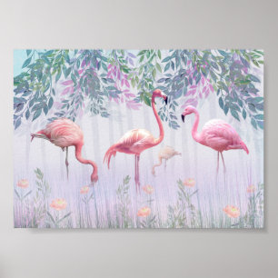 Poster Tropical Cute Family Flamants roses Rose Aquarelle