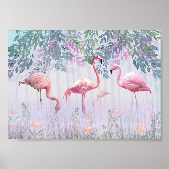 Poster Tropical Cute Family Flamants roses Roses Aquarell (Devant)