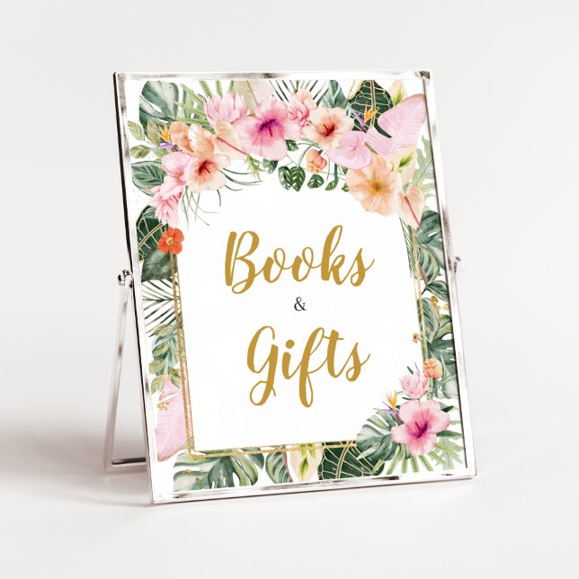 Poster Tropical Floral Aloha Livres et cadeaux (Girl Hawaiian Baby Shower Books and Gifts Sign)