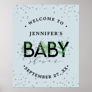 Poster Tropical Green Foliage Blue Boy Baby shower