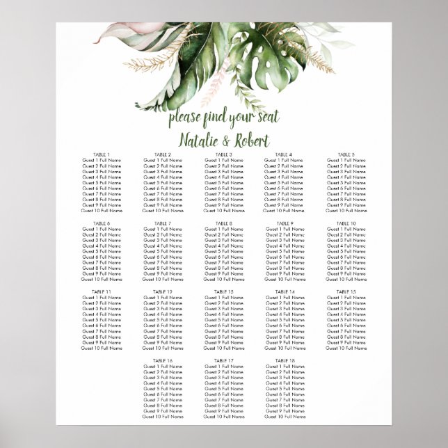Poster Tropical Greenery Blush Pink Gold Seating Chart (Devant)
