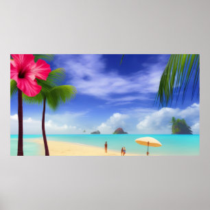 Poster Tropical hibiscus Beach moonlight ocean palms 3