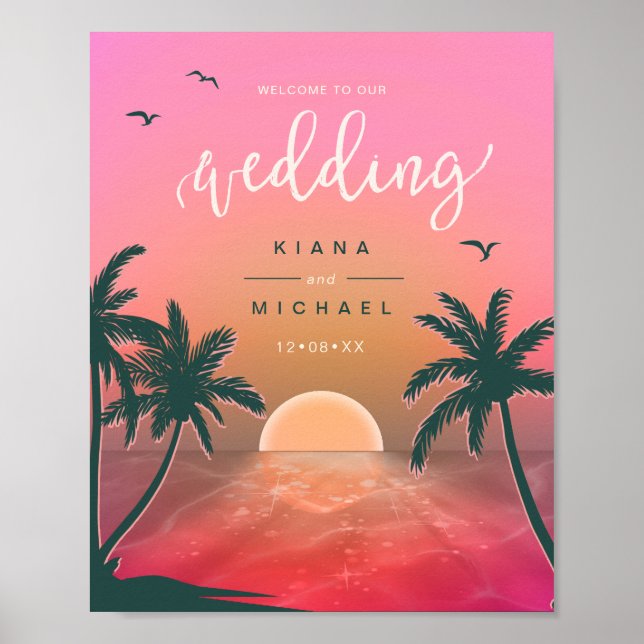 Poster Tropical Isle Sunrise Mariage Welcome Pink ID581 (Devant)