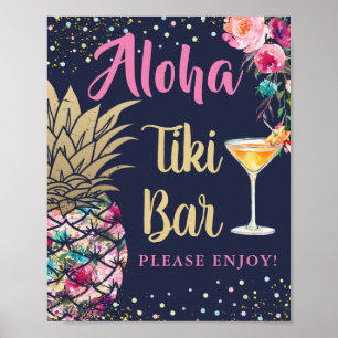 Poster Tropical Navy Blue Ananas Rose Floral Tiki Bar