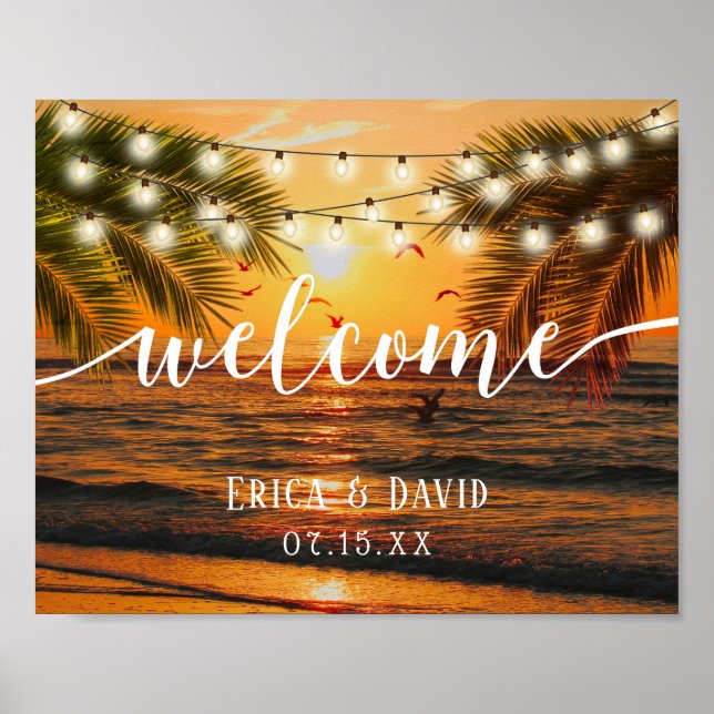 Poster Tropical Summer Sunset Palm Beach Mariage Bienvenu (Devant)