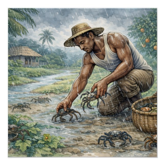 Poster Tropical Village Life: Man Catching Crabs in Rain (Devant)