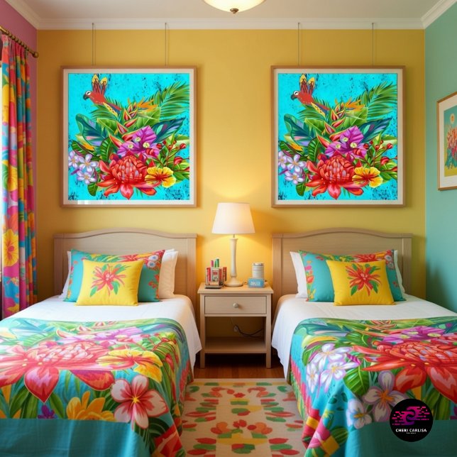 Poster TropiColor Fusion Macaw & Floral Serenade (Vibrant tropical art that brings the room to life.)