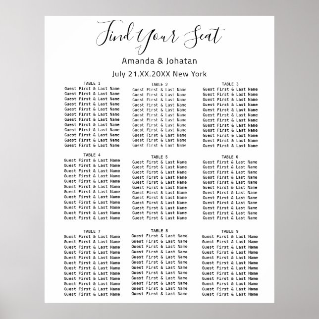 Poster Trouvez votre siège graphique Mariage Bridal Blanc (Devant)