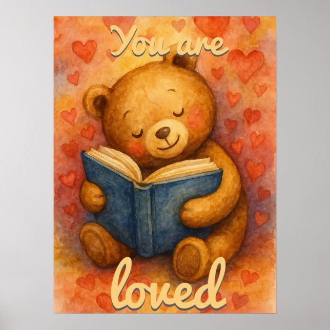 Poster Tu es aimé – Ours en peluche à l'aquarelle lisant (Devant)