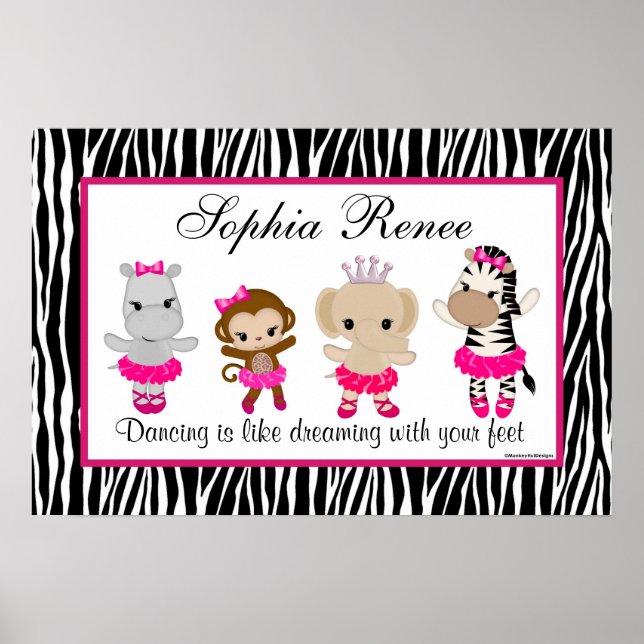 Poster Tu Tu Cute Ballerina Art Print Monkey Zebra (Devant)